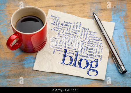 Nuage de mots clés ou tags liés au blog et blog design - écriture sur une serviette avec tasse de café Banque D'Images