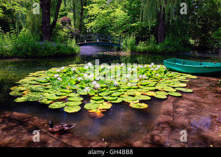 Portrait d'un étang de nénuphars et une passerelle, de motifs de sculpture, Hamilton, Mercer County, New Jersey Banque D'Images