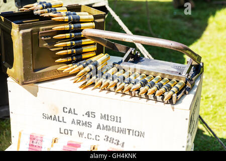 Munitions cal .45 balles rondes calibre des munitions d'armes légères des boîtes pour tuer des gens de guerre de dévastation vit une mort meurtre Banque D'Images