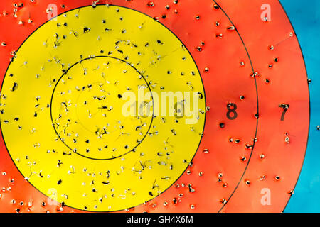 Centre de tir à l'arc et flèche cible les trous. Or, rouge et bleu moyen de la concurrence marqué cible où les flèches ont pénétré Banque D'Images