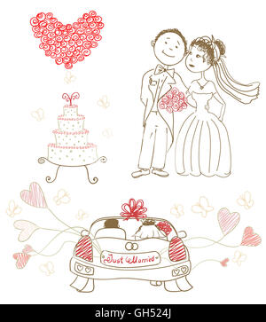 Gâteau de mariage avec des papillons,heureux mariés, coeur en roses, récemment mariés sur location, des ballons Banque D'Images