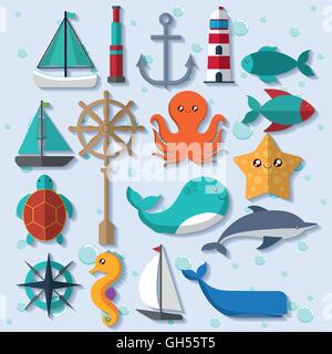 Cartoon icon set. Animaux de la mer et le style de conception. Vector graphi Illustration de Vecteur