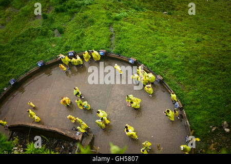 Les touristes portant des ponchos jaunes donnent à la tombe d'une plate-forme de niveau d'eau à Niagara Falls, Canada. Banque D'Images