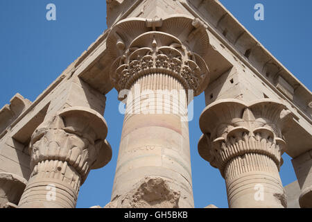 L'Égypte, Assouan, Temple de Phylae dédié à la déesse Isis : un beau capital ptolémaïque Banque D'Images