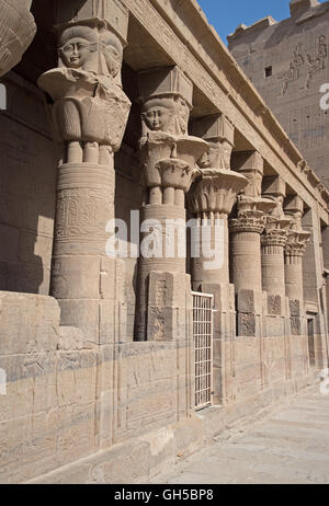 L'Égypte, Assouan, Temple de Phylae dédié à la déesse Isis : un beau capital ptolémaïque Banque D'Images