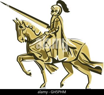Illustration de chevalier en armure complète avec lance riding horse steed vu du côté situé sur fond blanc isolé fait en style rétro. Illustration de Vecteur
