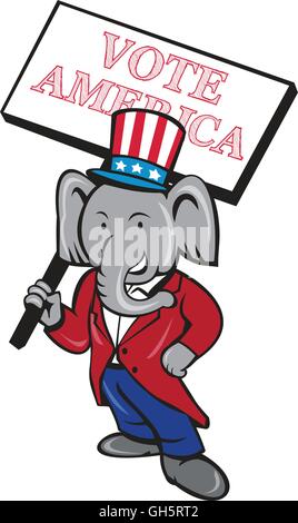 QIllustration d'un GOP mascotte éléphant debout portant costume et stars and stripes hat holding placard signe avec l'ensemble de l'Amérique Vote mots isolés sur fond blanc fait dans un style de dessin animé. Illustration de Vecteur