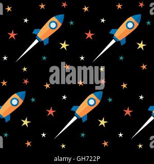 Modèle sans couture. Les roquettes et les étoiles sur fond noir. Vector Illustration Illustration de Vecteur