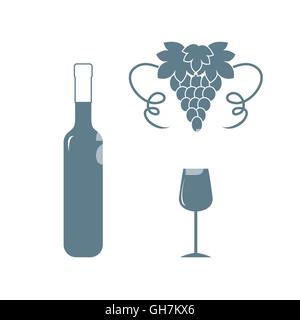 Icône stylisée de couleur d'une bouteille de vin, un verre de vin et de raisins sur un fond blanc Illustration de Vecteur