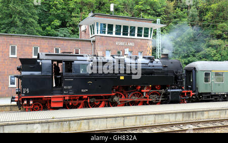 La locomotive à vapeur 'train' (Bergkoenigin 95 027 lt. Reine des collines), en arrivant à la gare la plus Ruebeland Ruebeland, en Allemagne, 06 août 2016. Le voyage à vapeur prend l'un des plus beaux sentiers de la région de Halberstadt à Ruebeland. Photo : Peter Gercke/dpa Banque D'Images