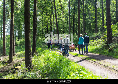 Marcher en famille dans une forêt Banque D'Images