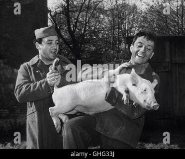 JACQUES JOUANNEAU (penche a gauche), JEAN-PIERRE CASSEL (caporal) avec un cochon. Regie : Jean Renoir Banque D'Images