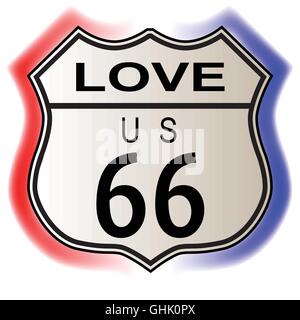 66 Route d'amour signe de la circulation sur un fond blanc et la légende nous itinéraire 66 Illustration de Vecteur