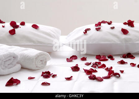 Des pétales de rose sur la propagation des draps de lit blanc pour une atmosphère romantique et relaxante Banque D'Images