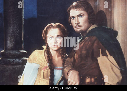 Robin Hood (Errol Flynn) macht sich zum Anwalt der Armen und Unterdrückten. Er gerät dans die Gewalt senneur Gegner und soll gehängt werden, doch Mit Hilfe der schönen Lady Mary Ann (OLIVIA DE HAVILLAND) ihm gelingt die Flucht. Régie : Michael Curtiz aka. Les aventures de Robin des Bois Banque D'Images