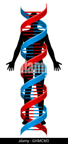 Une personne humaine figure en silhouette avec une hélice double brin de l'ADN chromosomique génétique qui l'entourent Banque D'Images