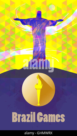 Brésil jeux, flambeau ardent et statue sur fond jaune. Digital image vectorielle. Banque D'Images