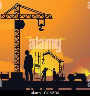 Silhouette of man working on construction site avec une grue et des capacités dans l'illustration dramatique ciel coucher de soleil Illustration de Vecteur
