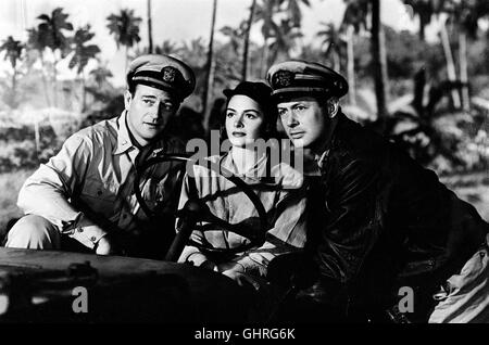 SCHNELLBOOTE BAATAN VOR - décembre 1941. In einem Offizierskasino erreicht Lieutenant John Brickley und seinen Kameraden Rusty Ryan die Nachricht vom japanischen Angriff auf Pearl Habour. Weisheit Das zwischen Krieg und den USA Japon. Foto vlnr. : Lieutenant Rusty Ryan (JOHN WAYNE), le lieutenant Sandy Davis (Donna Reed), le Lieutenant John Brickley (Robert Montgomery). Regie : John Ford aka. Ils étaient biens durables Banque D'Images