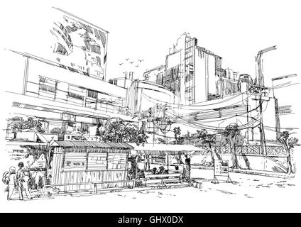 Rue Ville croquis numérique.Illustration Banque D'Images