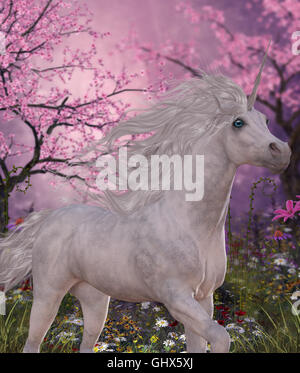 Une licorne blanche mare prances à travers une forêt féerique plein de cerisiers en fleurs. Banque D'Images