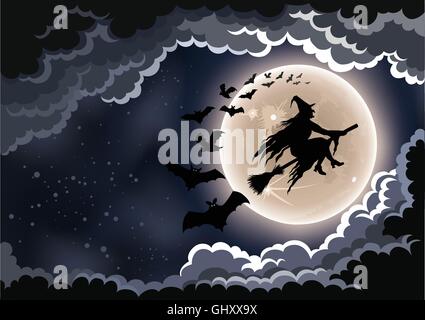 Sorcière en vol par la lune avec des chauves-souris l'arrière-plan. Illustration de Vecteur