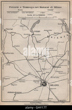 NEI DINTORNI TRAMWAYS FERROVIE E DI MILANO. Chemins de Côme, Lecco Monza 1899 map Banque D'Images