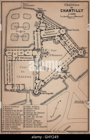 CHÂTEAU DE CHANTILLY plan d'étage. Oise carte. 1900 BAEDEKER, carte antique Banque D'Images