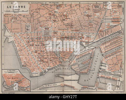 LE HAVRE ville antique plan de ville de la ville. Carte, plan 1907 Seine-Maritime Banque D'Images