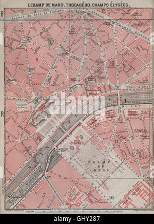 CHAMP DE MARS TROCADÉRO CHAMPS ÉLYSÉES town city plan. Paris 7e 8e 16e, 1907 map Banque D'Images