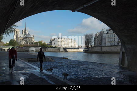 Les coureurs s'exécutant sous le pont de la Tournelle sur la rive gauche de la Seine, Paris, France Banque D'Images