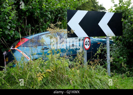 Une voiture est encore enfouies dans une haie après avoir échoué à négocier virage sur une route de campagne england uk Banque D'Images