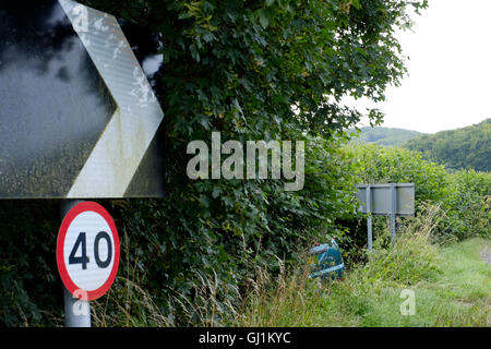 Une voiture est encore enfouies dans une haie après avoir échoué à négocier virage sur une route de campagne england uk Banque D'Images