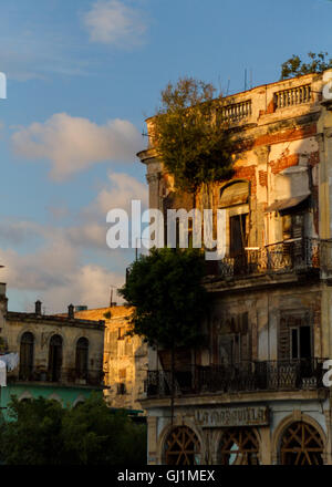 Coucher de soleil sur le vieux et délabrés, les immeubles à appartements, La Havane, Cuba, 2013. Banque D'Images