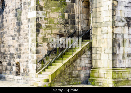 Pierre vert moussu escalier menant à une ouverture dans le mur de pierre. Fer forgé sur chaque côté de l'escalier. Banque D'Images