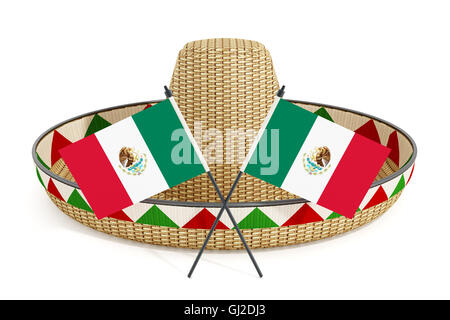 Chapeau sombrero mexicain ou mexicain et drapeaux isolé sur fond blanc. 3D illustration. Banque D'Images