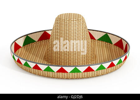 Chapeau sombrero mexicain ou mexicain et drapeaux isolé sur fond blanc. 3D illustration. Banque D'Images