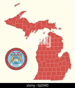 Carte politique et administrative simple avec sceau de l'Etat fédéral américain Michigan Illustration de Vecteur