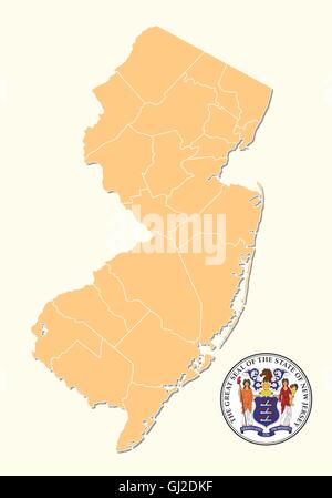 Carte politique et administrative simple avec sceau de l'État américain du New Jersey Illustration de Vecteur