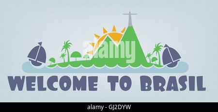 Bienvenue à brasil carte avec Sun, voile et de palmiers sur fond argenté, en donne un aperçu. Vector image numérique Illustration de Vecteur