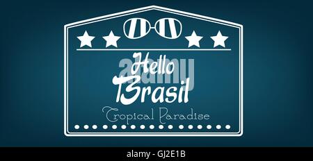 Bonjour Brasil carte avec étoile et lunettes de soleil sur fond bleu foncé, en donne un aperçu. Vector image numérique Illustration de Vecteur