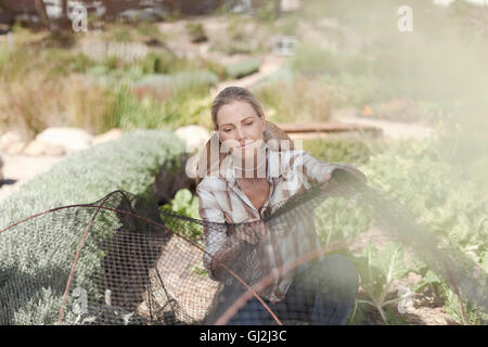 Femme mature d'organiser la compensation sur des plantes en jardin Banque D'Images