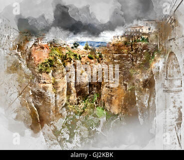 Aquarelle numérique d'une Ronda canyon. Province de Málaga, Andalousie, Espagne Banque D'Images