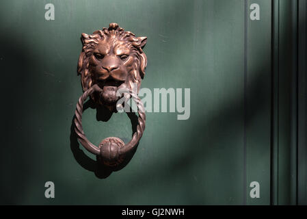 Aspect ancien laiton bronze tête de lion heurtoir avec bague torsadée. En vedette sur une porte verte avec les ombres. Dans la région de Bruges. Banque D'Images