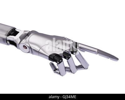 Acier chromé Cyborg main pointant ou toucher quelque chose 3d illustration Concept isolated on White Banque D'Images