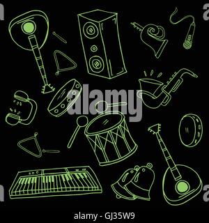 Doodle de music set noir vert Illustration de Vecteur