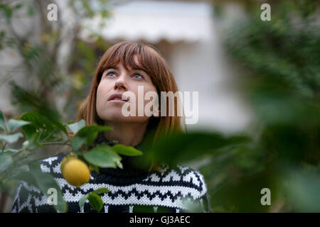 Woman looking up at lemon tree Banque D'Images