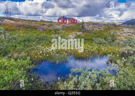 Les petites cabanes en bois rouge deuxième maison, entourée de désert, Norvège Banque D'Images