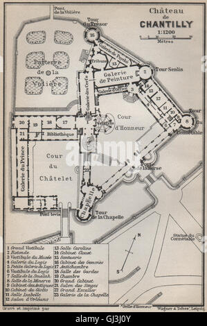 CHÂTEAU DE CHANTILLY plan d'étage. Oise carte. 1910 BAEDEKER, carte antique Banque D'Images