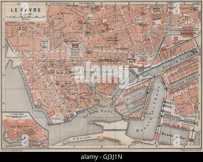 LE HAVRE ville antique plan de ville de la ville. Carte, plan 1910 Seine-Maritime Banque D'Images